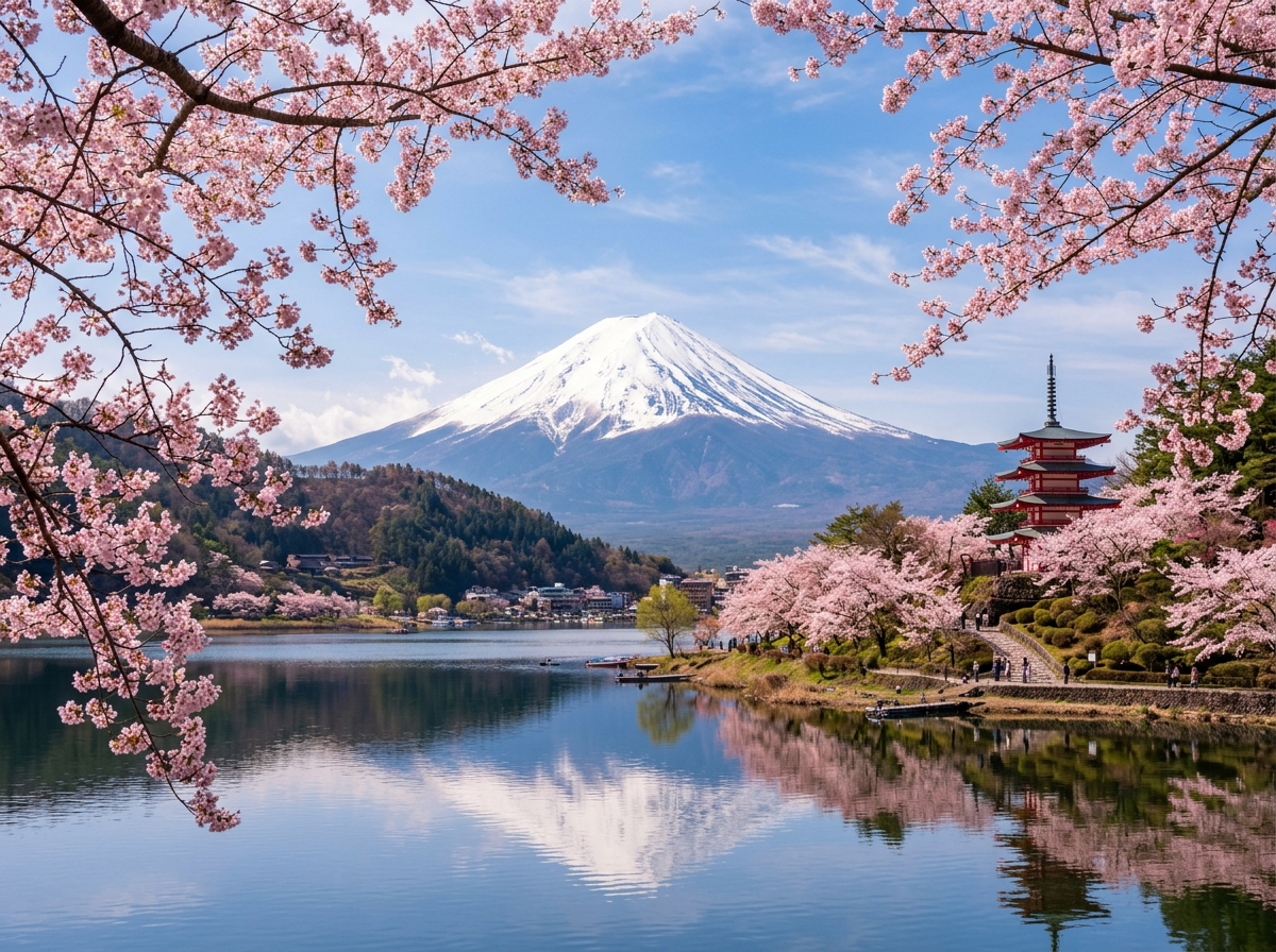 Monte Fuji com cerejeiras em flor